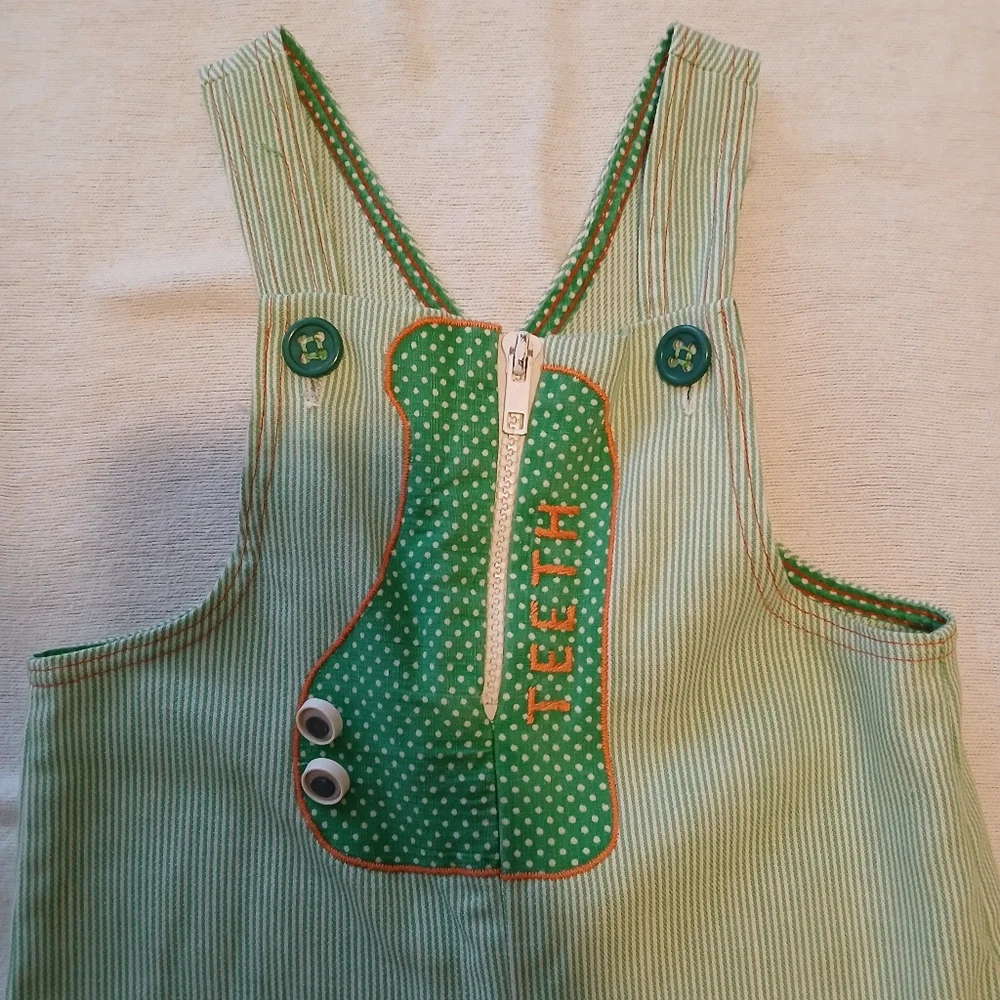 Vintage Green Kids Overalls Size 4T Alligator Zipper Teeth Pinstriped Button - Picture 2 of 8